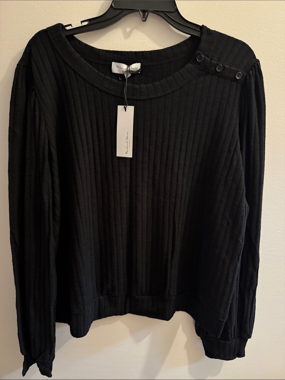 Michael Stars Black Ribbed Button-Shoulder Sweatshirt